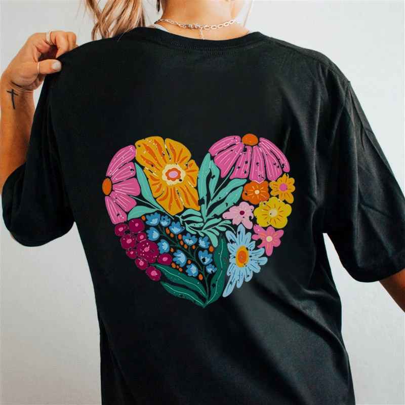 Flower Pumpkin Heart Design T-Shirts Women Vintage Wildflowers Crew Neck Girls Clothing Flowers Nature Lover Oversized T Shirt