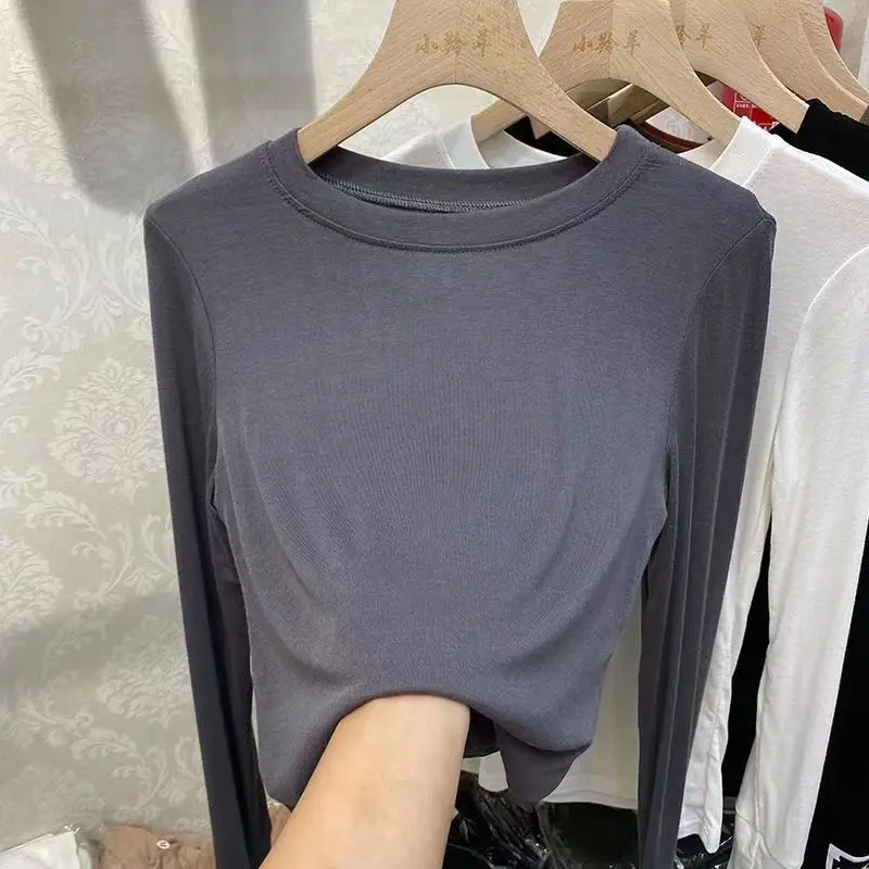 Autumn Office Lady Basic O-Neck Slim T-Shirt Women Solid Multi Color All-Match Trend Casual Top Screw Thread Long Sleeve Elastic