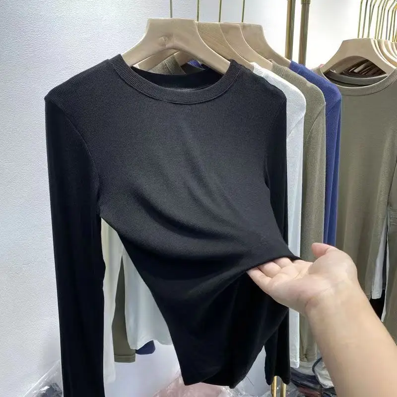 Autumn Office Lady Basic O-Neck Slim T-Shirt Women Solid Multi Color All-Match Trend Casual Top Screw Thread Long Sleeve Elastic