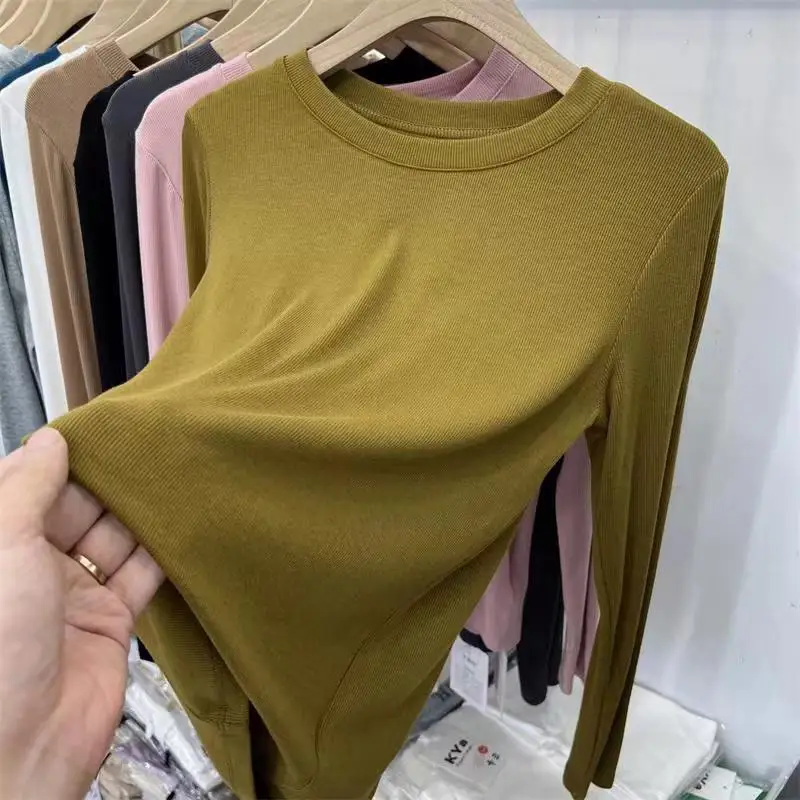 Autumn Office Lady Basic O-Neck Slim T-Shirt Women Solid Multi Color All-Match Trend Casual Top Screw Thread Long Sleeve Elastic