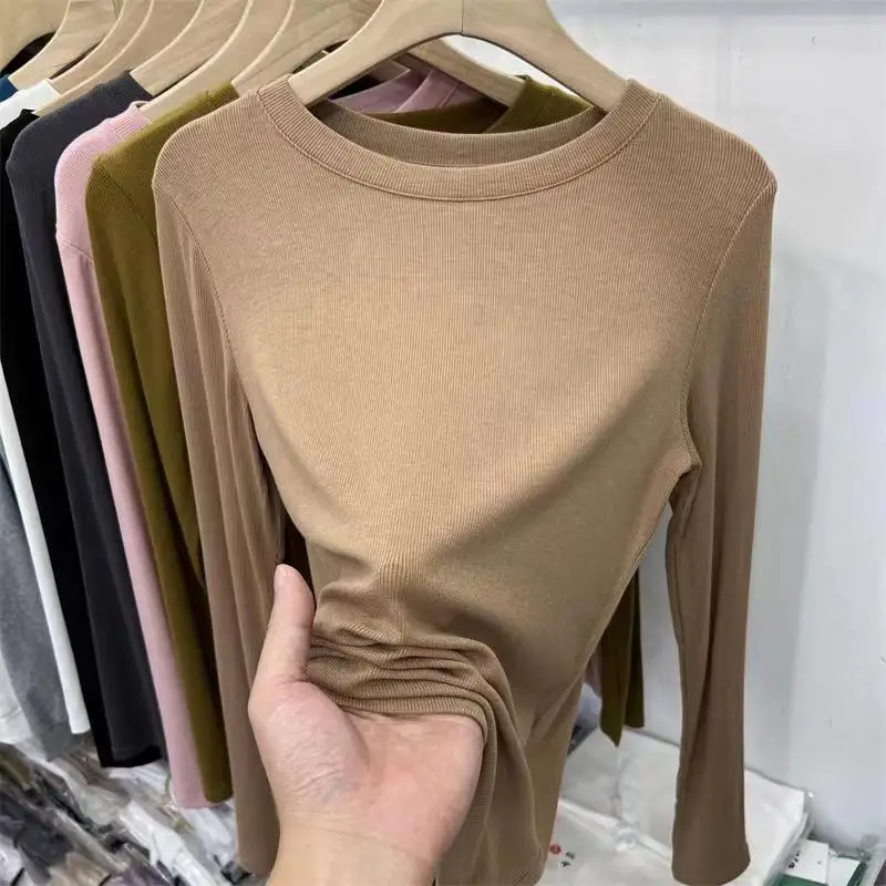 Autumn Office Lady Basic O-Neck Slim T-Shirt Women Solid Multi Color All-Match Trend Casual Top Screw Thread Long Sleeve Elastic