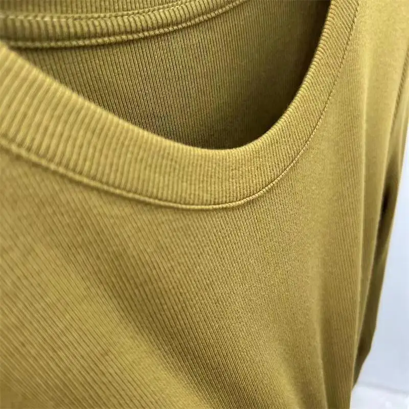 Autumn Office Lady Basic O-Neck Slim T-Shirt Women Solid Multi Color All-Match Trend Casual Top Screw Thread Long Sleeve Elastic