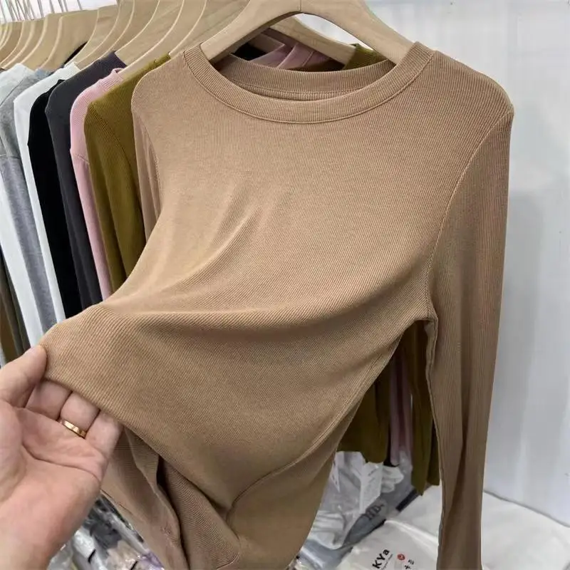 Autumn Office Lady Basic O-Neck Slim T-Shirt Women Solid Multi Color All-Match Trend Casual Top Screw Thread Long Sleeve Elastic