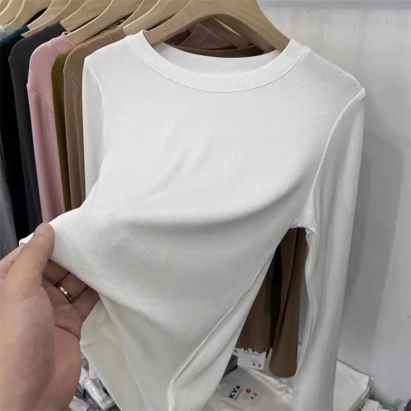 Autumn Office Lady Basic O-Neck Slim T-Shirt Women Solid Multi Color All-Match Trend Casual Top Screw Thread Long Sleeve Elastic