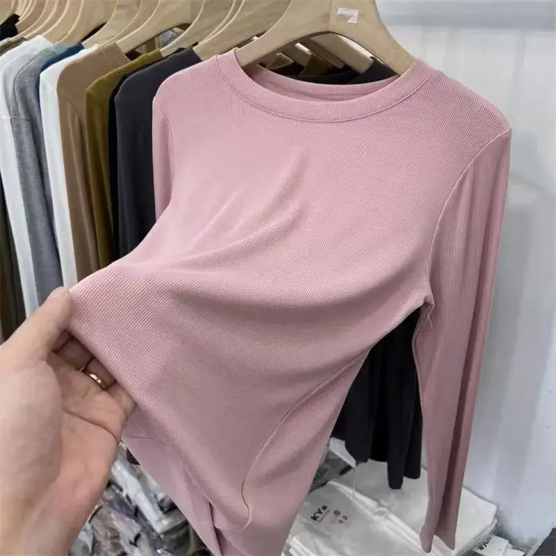 Autumn Office Lady Basic O-Neck Slim T-Shirt Women Solid Multi Color All-Match Trend Casual Top Screw Thread Long Sleeve Elastic