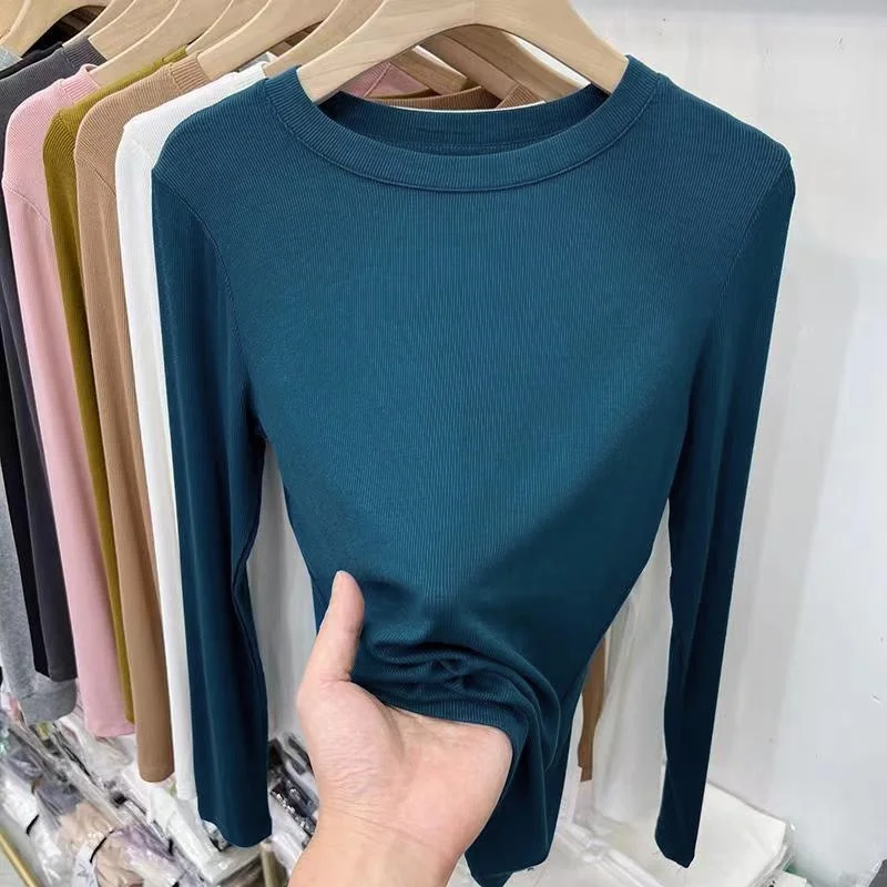 Autumn Office Lady Basic O-Neck Slim T-Shirt Women Solid Multi Color All-Match Trend Casual Top Screw Thread Long Sleeve Elastic