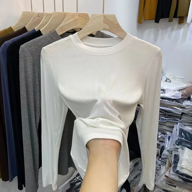 Autumn Office Lady Basic O-Neck Slim T-Shirt Women Solid Multi Color All-Match Trend Casual Top Screw Thread Long Sleeve Elastic