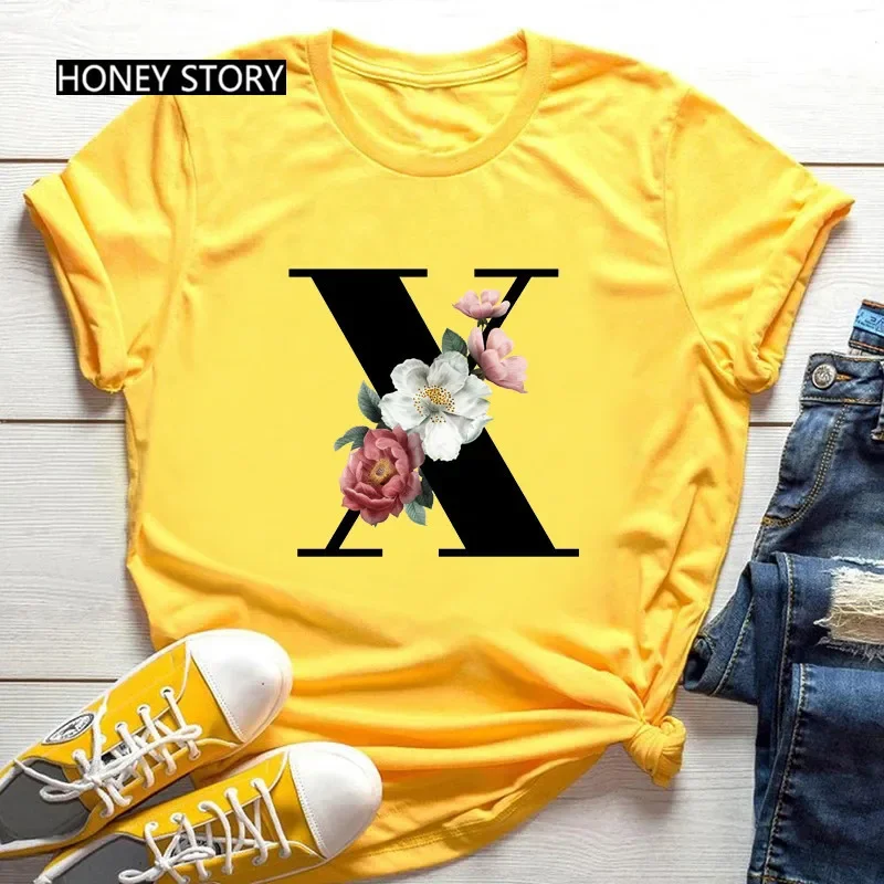 Hot Selling Large Size Flowers 26 English Letters Black Fashion Trend Print Men's and Women's Casual Yellow T-shirt Short Sleeve