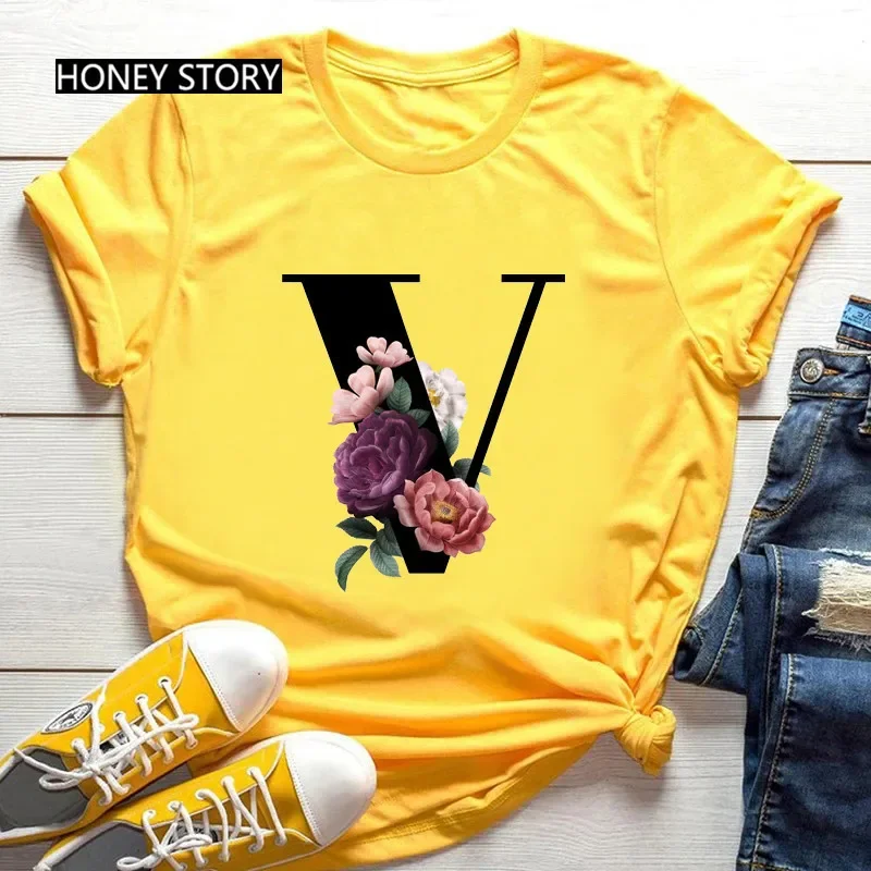 Hot Selling Large Size Flowers 26 English Letters Black Fashion Trend Print Men's and Women's Casual Yellow T-shirt Short Sleeve