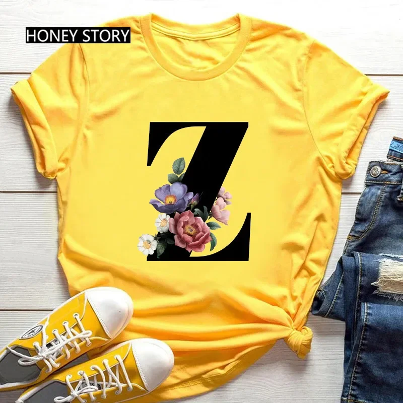 Hot Selling Large Size Flowers 26 English Letters Black Fashion Trend Print Men's and Women's Casual Yellow T-shirt Short Sleeve