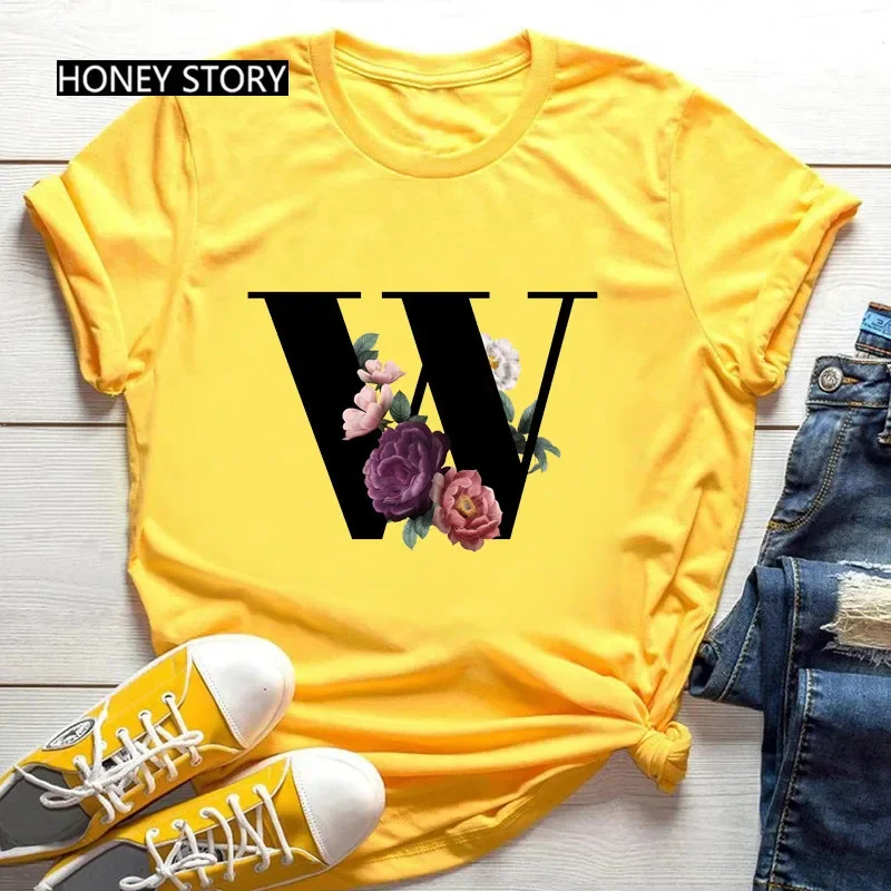 Hot Selling Large Size Flowers 26 English Letters Black Fashion Trend Print Men's and Women's Casual Yellow T-shirt Short Sleeve