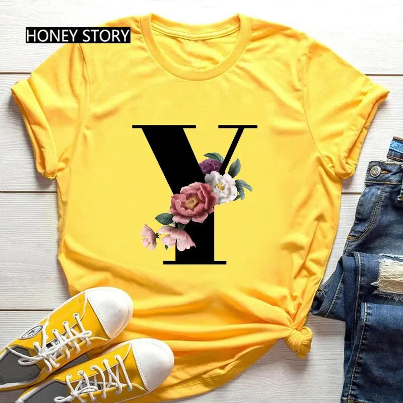 Hot Selling Large Size Flowers 26 English Letters Black Fashion Trend Print Men's and Women's Casual Yellow T-shirt Short Sleeve