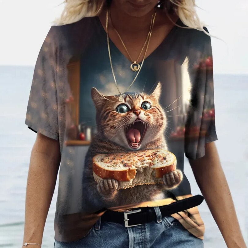 Fashion Women's T-shirt Cat Printed Short Sleeve Female Harajuku Tees Ladies T Shirt Oversized V-neck Tops Animal Women Clothing - Image 3