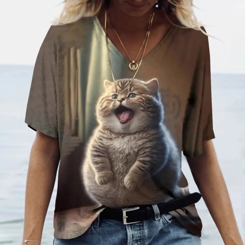 Fashion Women's T-shirt Cat Printed Short Sleeve Female Harajuku Tees Ladies T Shirt Oversized V-neck Tops Animal Women Clothing - Image 6