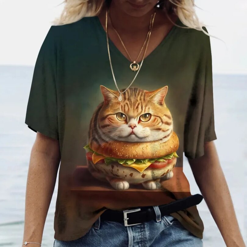 Fashion Women's T-shirt Cat Printed Short Sleeve Female Harajuku Tees Ladies T Shirt Oversized V-neck Tops Animal Women Clothing - Image 4