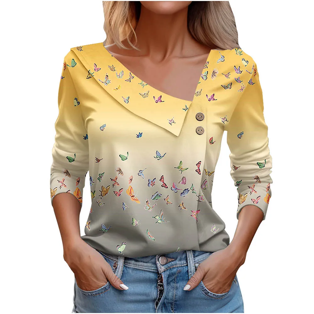 T Shirt For Women Fashion Long Sleeve Top White Floral Print Shirts And Blouses Autumn Winter Clothes For Women 2024