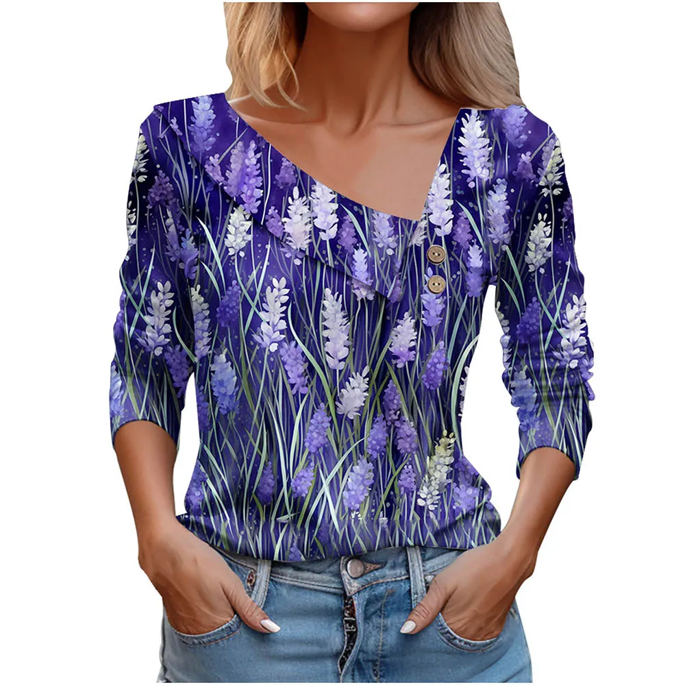 T Shirt For Women Fashion Long Sleeve Top White Floral Print Shirts And Blouses Autumn Winter Clothes For Women 2024