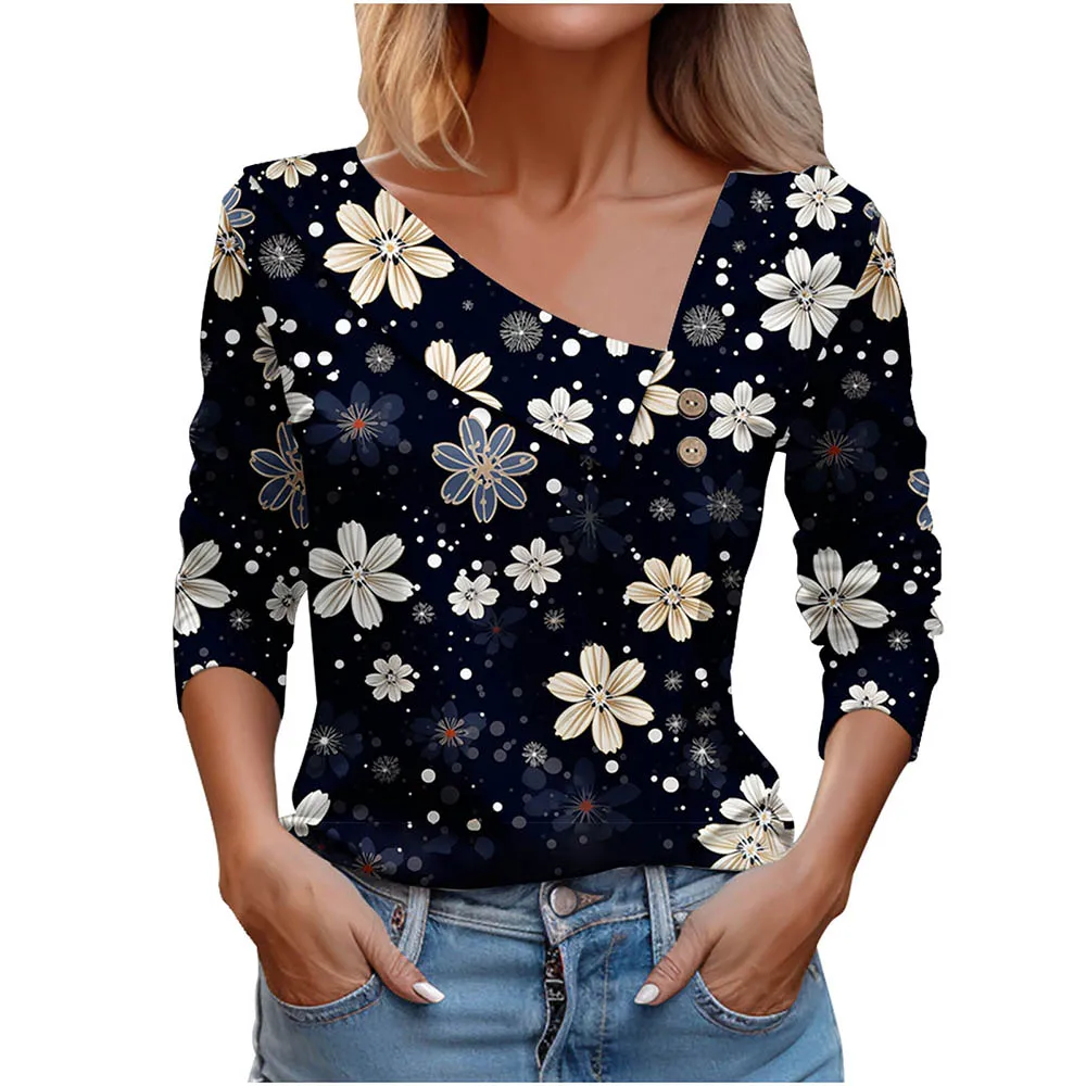 T Shirt For Women Fashion Long Sleeve Top White Floral Print Shirts And Blouses Autumn Winter Clothes For Women 2024