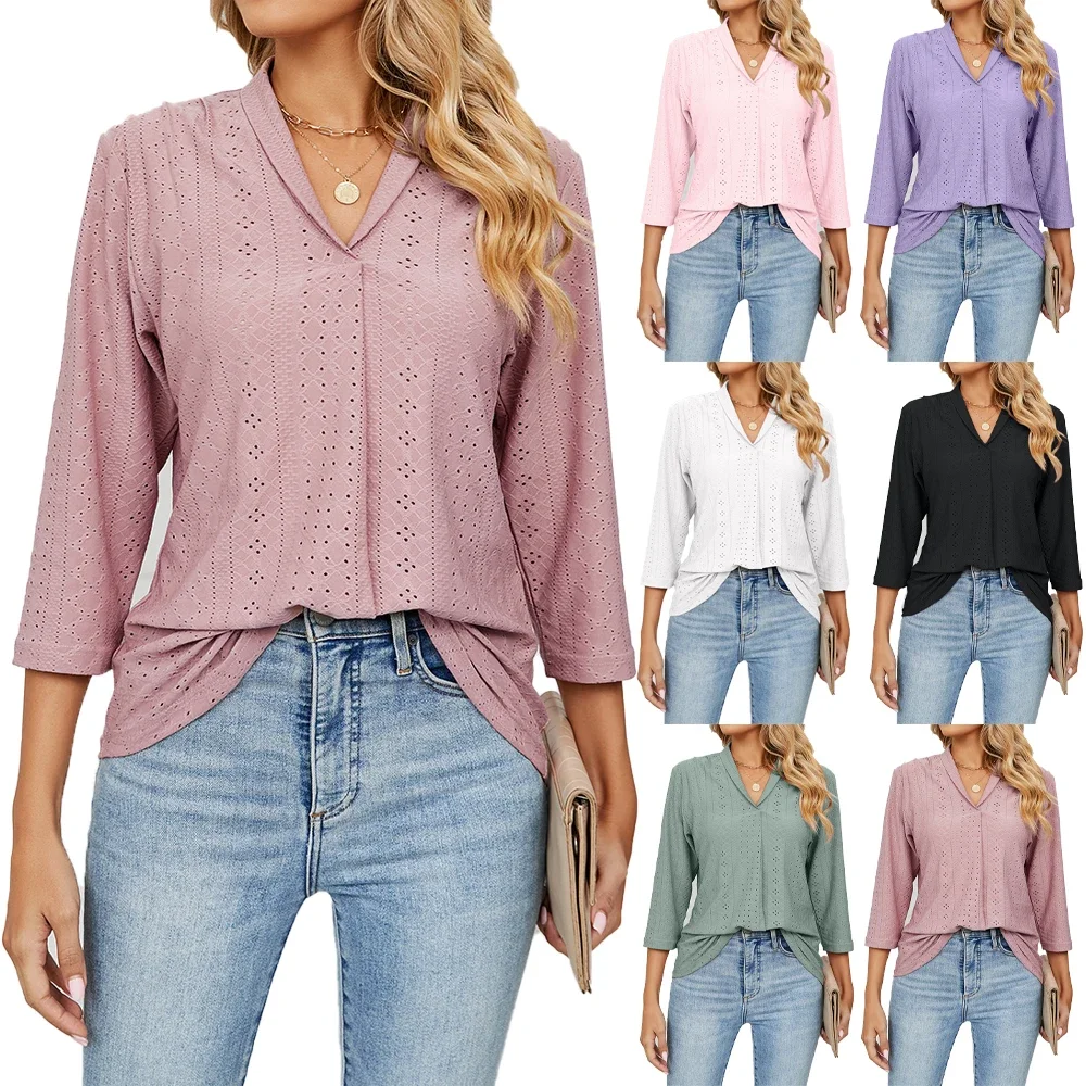 Fashion Woman Blouse Shirts For Women Clothes  Half Sleeve V Neck  Female Tops White PInk Purple Women's Autumn Clothing