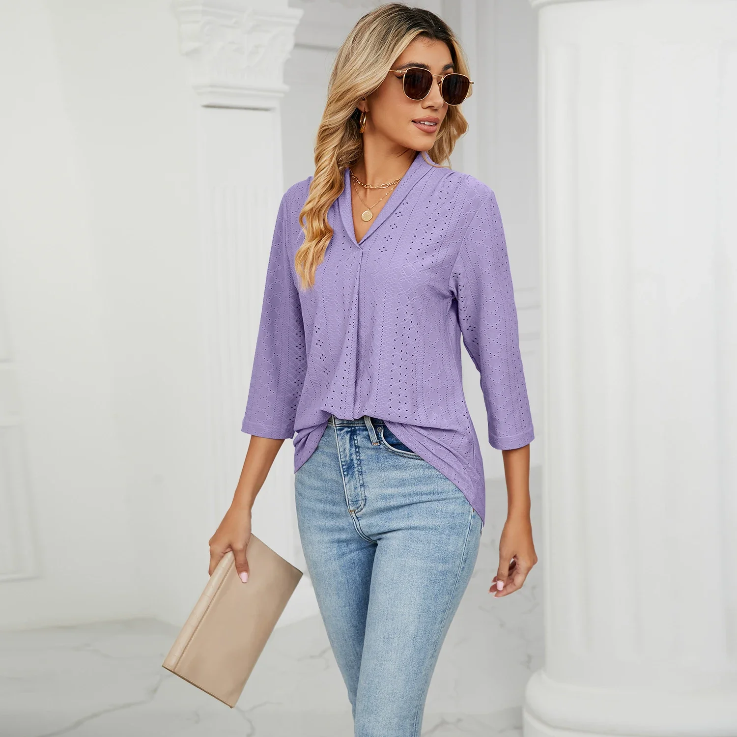 Fashion Woman Blouse Shirts For Women Clothes  Half Sleeve V Neck  Female Tops White PInk Purple Women's Autumn Clothing