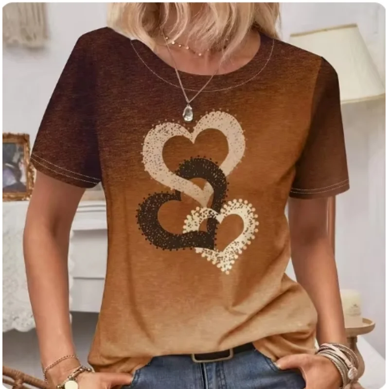 Love pattern chest solid color short sleeved top for women loose casual elegant style T-shirt for women versatile and slimming