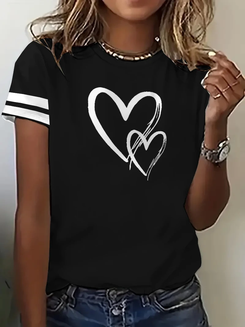 Love pattern chest solid color short sleeved top for women loose casual elegant style T-shirt for women versatile and slimming