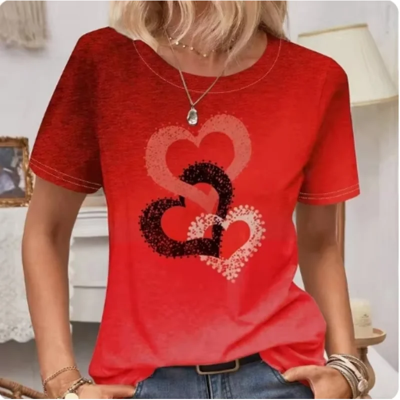 Love pattern chest solid color short sleeved top for women loose casual elegant style T-shirt for women versatile and slimming