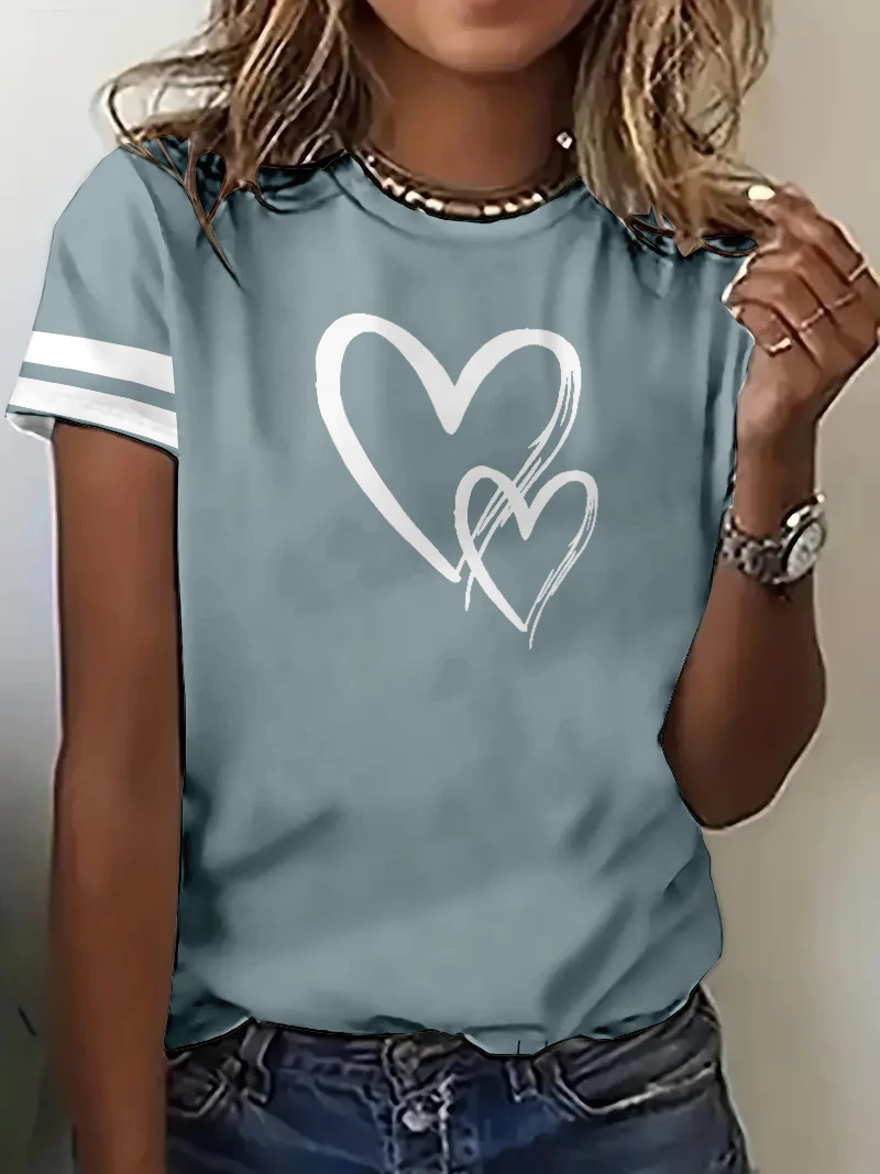 Love pattern chest solid color short sleeved top for women loose casual elegant style T-shirt for women versatile and slimming