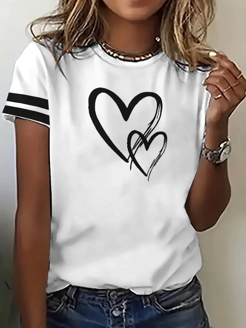 Love pattern chest solid color short sleeved top for women loose casual elegant style T-shirt for women versatile and slimming