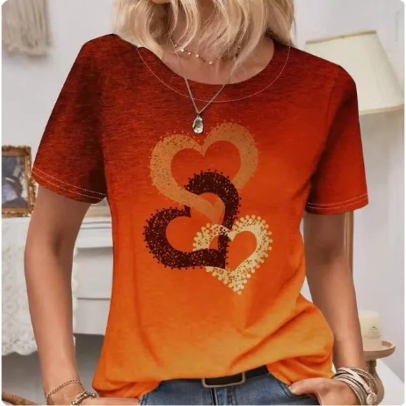 Love pattern chest solid color short sleeved top for women loose casual elegant style T-shirt for women versatile and slimming