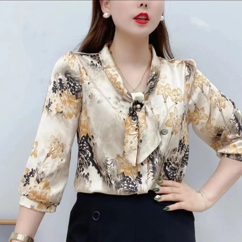 Women Spring Summer Style Chiffon Blouses Shirts Lady Casual Half Sleeve Bow Tie Collar Printed Blouses Tops DF4198 - Image 4