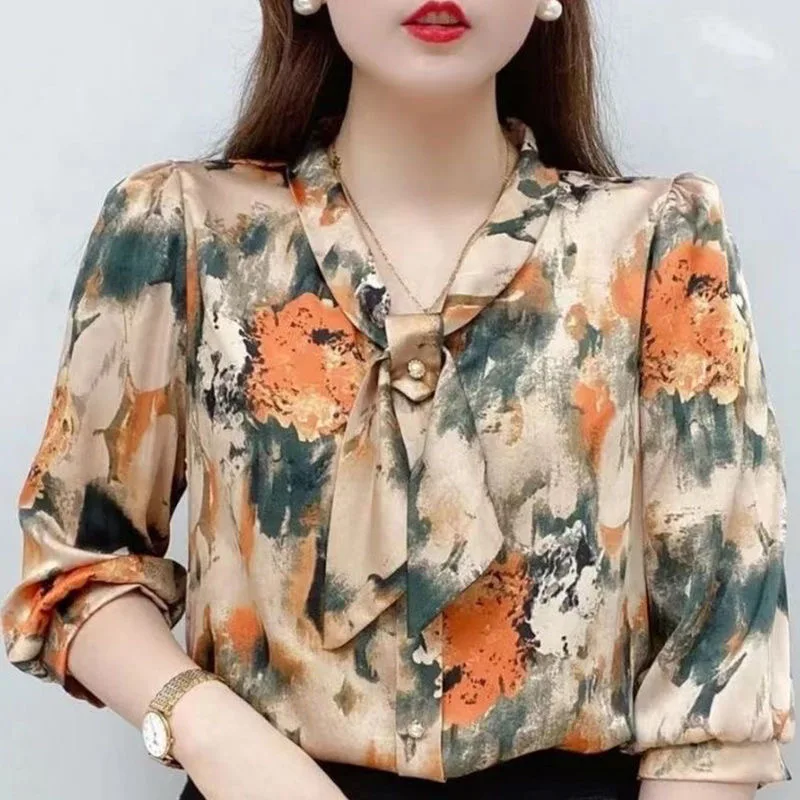 Women Spring Summer Style Chiffon Blouses Shirts Lady Casual Half Sleeve Bow Tie Collar Printed Blouses Tops DF4198