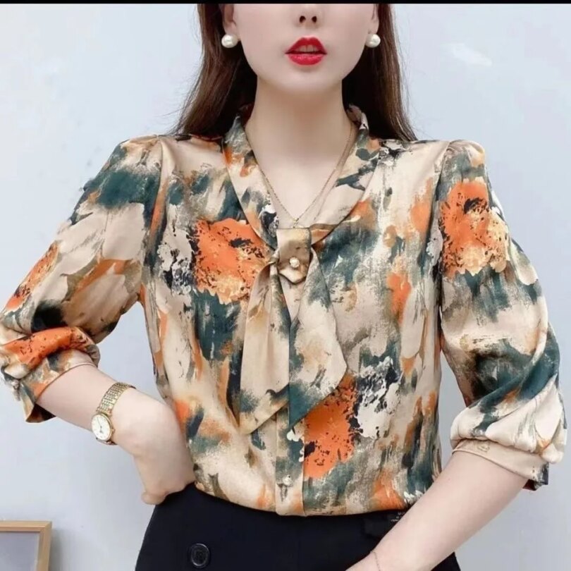 Women Spring Summer Style Chiffon Blouses Shirts Lady Casual Half Sleeve Bow Tie Collar Printed Blouses Tops DF4198 - Image 2