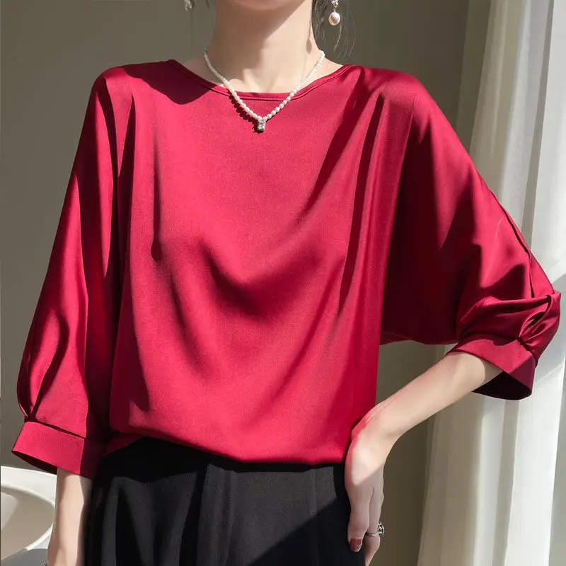 2023 New In Summer Satin Silk Half-Sleeve Tee Tops Basic Solid Women‘s T-Shirt Casual V-neck Thin Shirts Ladies Loose Blouses