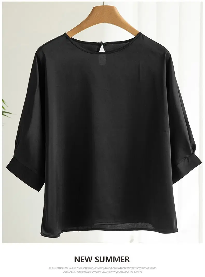 2023 New In Summer Satin Silk Half-Sleeve Tee Tops Basic Solid Women‘s T-Shirt Casual V-neck Thin Shirts Ladies Loose Blouses