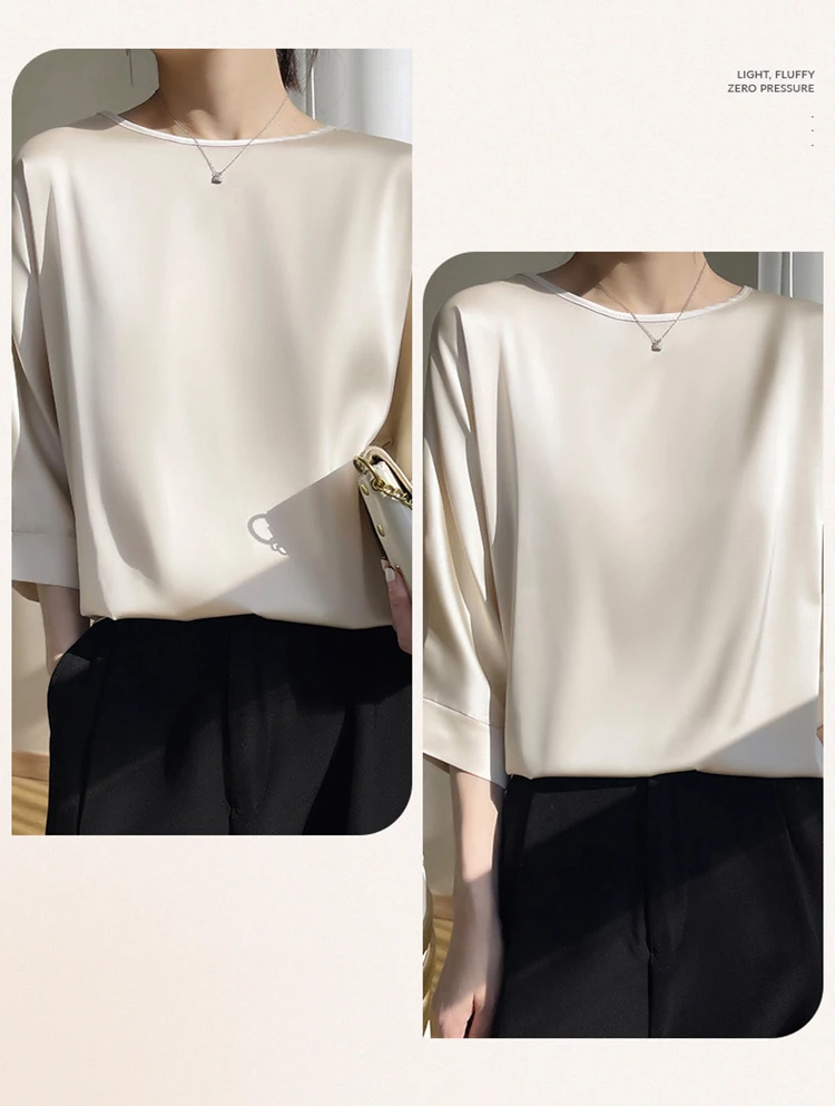 2023 New In Summer Satin Silk Half-Sleeve Tee Tops Basic Solid Women‘s T-Shirt Casual V-neck Thin Shirts Ladies Loose Blouses