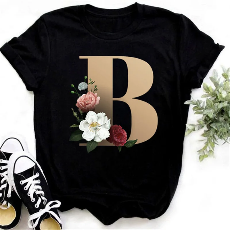 Fashionable Gold 26 Letter Flower Harajuku 3D Printed Women's T-shirt Casual Basic O-neck Black Shirt Short Sleeved O-neck Top