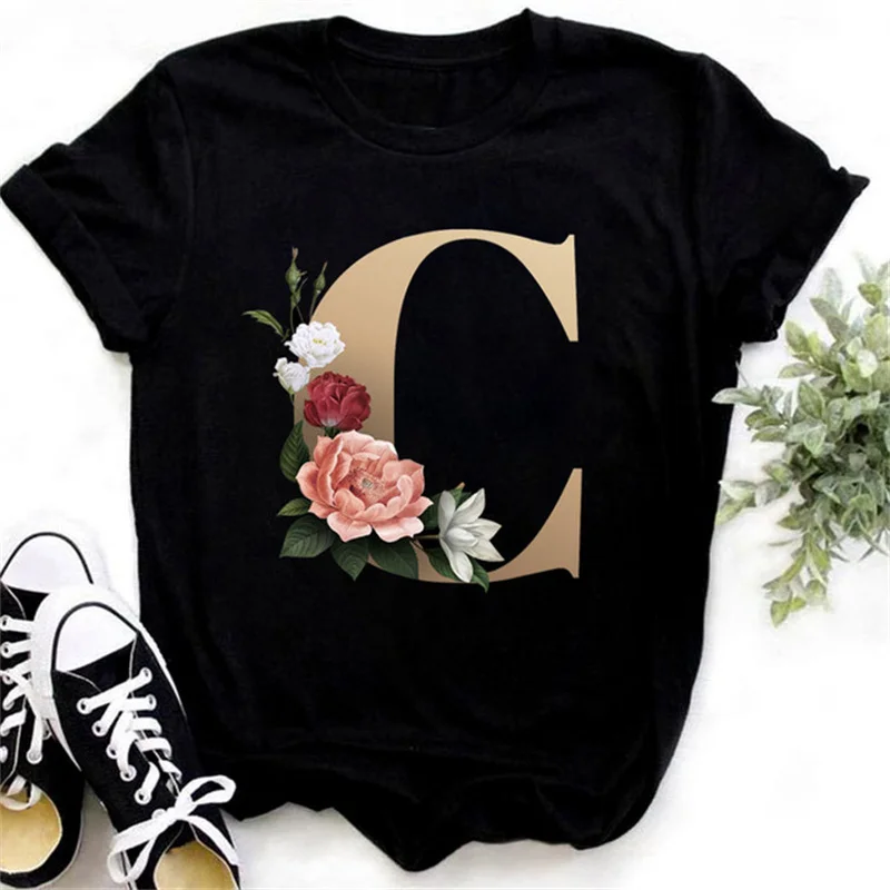 Fashionable Gold 26 Letter Flower Harajuku 3D Printed Women's T-shirt Casual Basic O-neck Black Shirt Short Sleeved O-neck Top