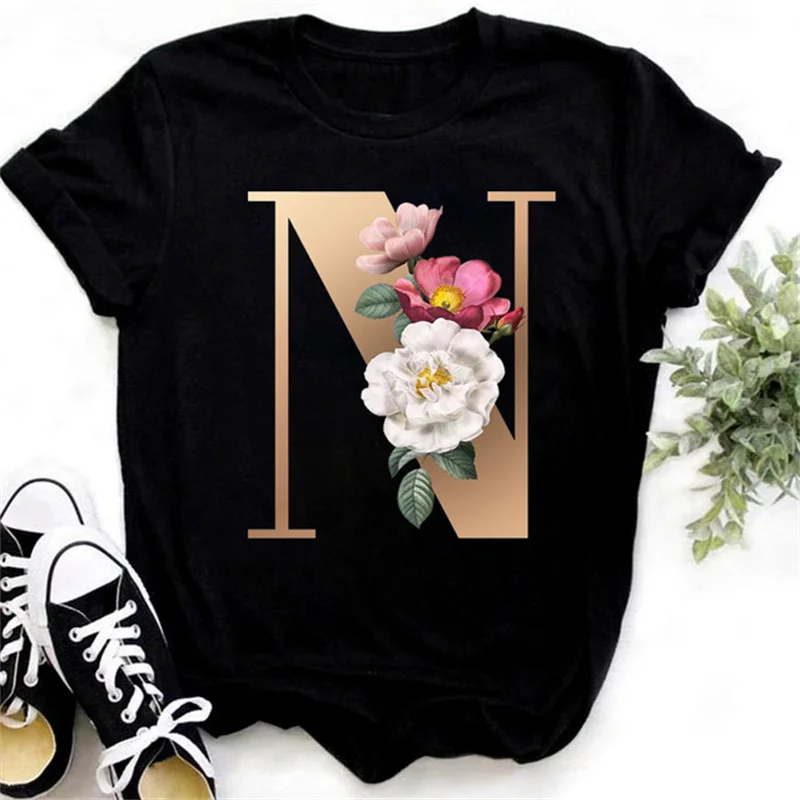 Fashionable Gold 26 Letter Flower Harajuku 3D Printed Women's T-shirt Casual Basic O-neck Black Shirt Short Sleeved O-neck Top