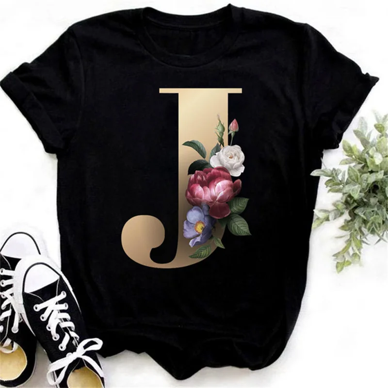 Fashionable Gold 26 Letter Flower Harajuku 3D Printed Women's T-shirt Casual Basic O-neck Black Shirt Short Sleeved O-neck Top