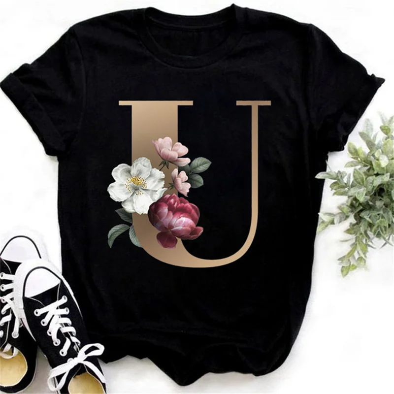 Fashionable Gold 26 Letter Flower Harajuku 3D Printed Women's T-shirt Casual Basic O-neck Black Shirt Short Sleeved O-neck Top