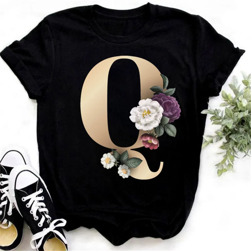 Fashionable Gold 26 Letter Flower Harajuku 3D Printed Women's T-shirt Casual Basic O-neck Black Shirt Short Sleeved O-neck Top