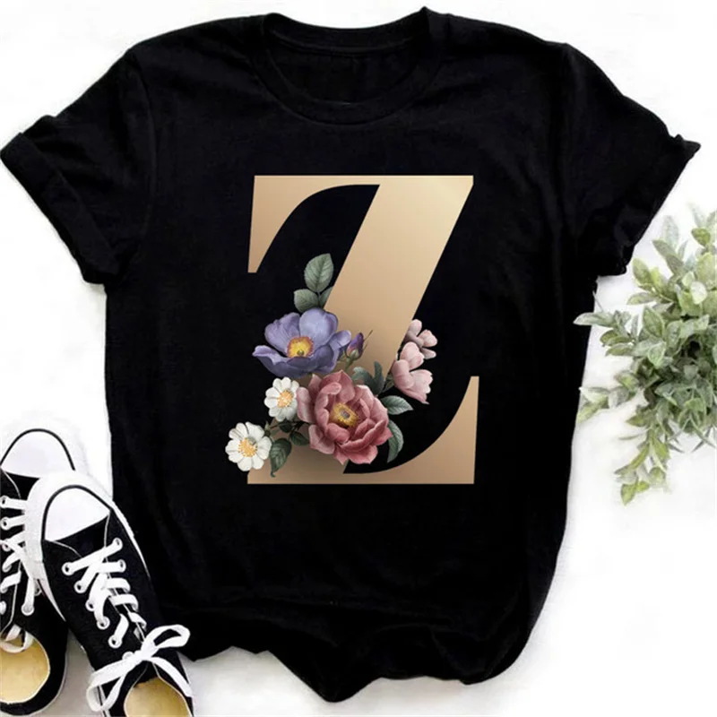 Fashionable Gold 26 Letter Flower Harajuku 3D Printed Women's T-shirt Casual Basic O-neck Black Shirt Short Sleeved O-neck Top