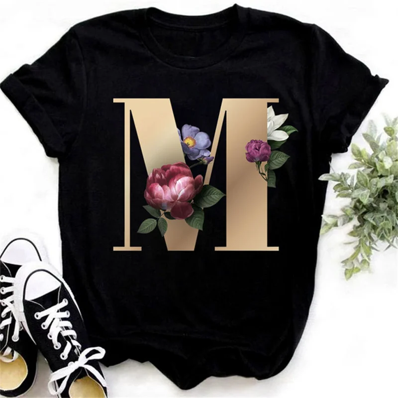 Fashionable Gold 26 Letter Flower Harajuku 3D Printed Women's T-shirt Casual Basic O-neck Black Shirt Short Sleeved O-neck Top