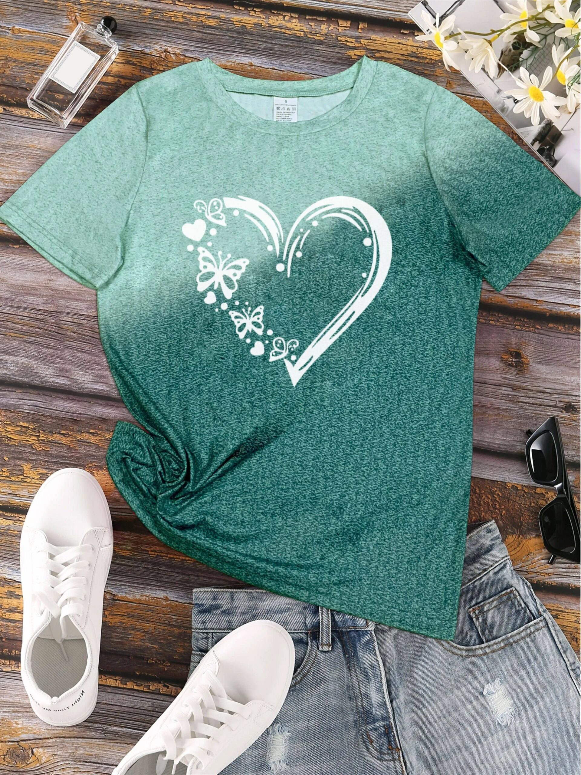 2024 New Style T-Shirt For Women Heart Print Top Fashion Women's Oversized Clothes Tees Summer Crew Neck Blouse Original Design