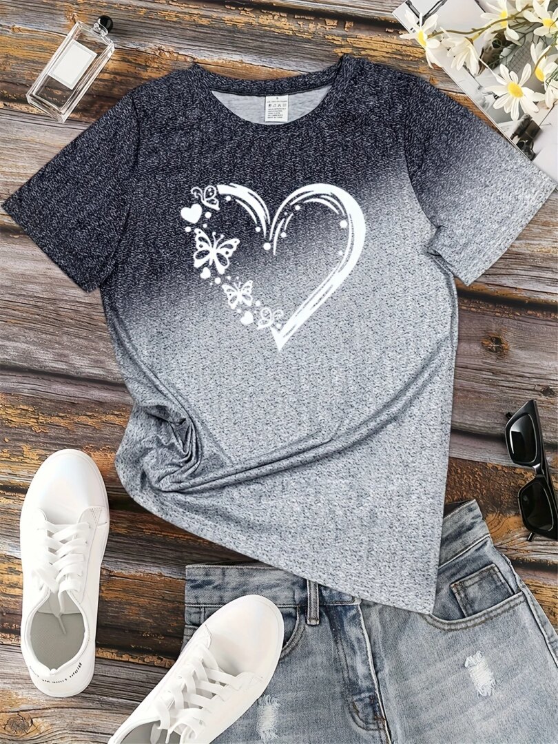 2024 New Style T-Shirt For Women Heart Print Top Fashion Women's Oversized Clothes Tees Summer Crew Neck Blouse Original Design - Image 2