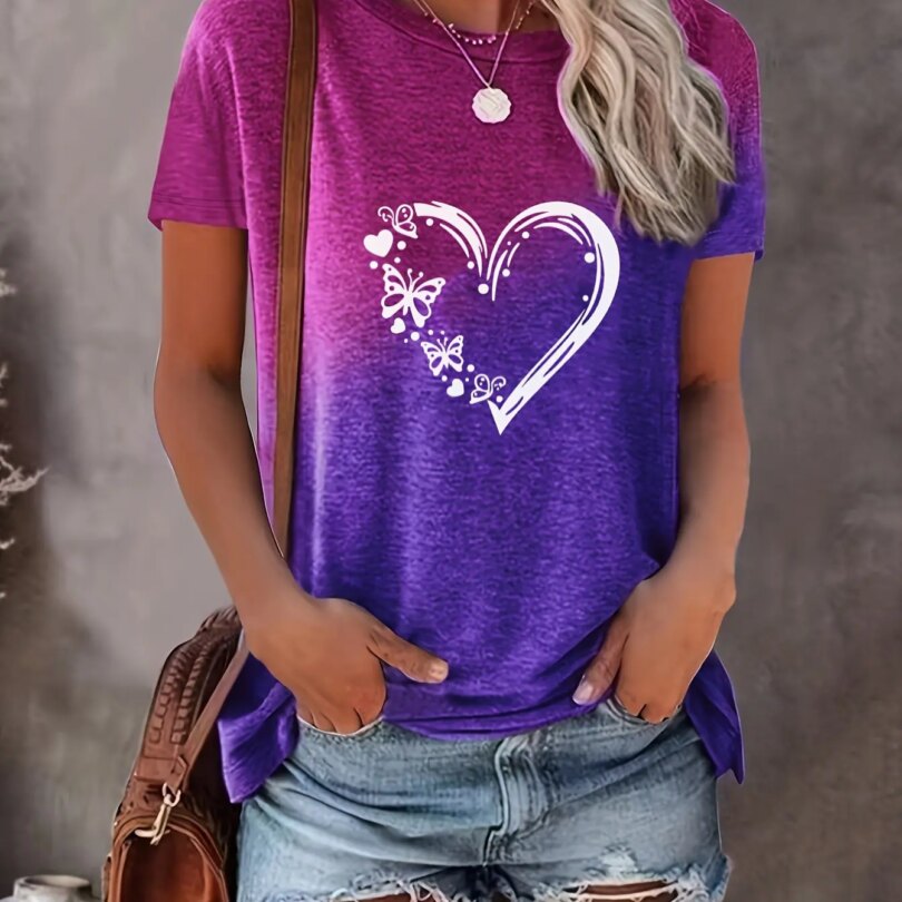 2024 New Style T-Shirt For Women Heart Print Top Fashion Women's Oversized Clothes Tees Summer Crew Neck Blouse Original Design - Image 4