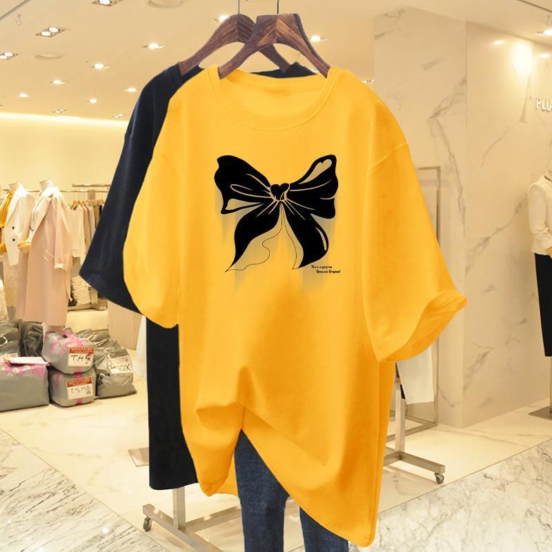 White Cotton Loose Round Neck Bow Short Sleeve T-shirt Women's Mid Length 2023 Summer New European Oversized Fashion Tops