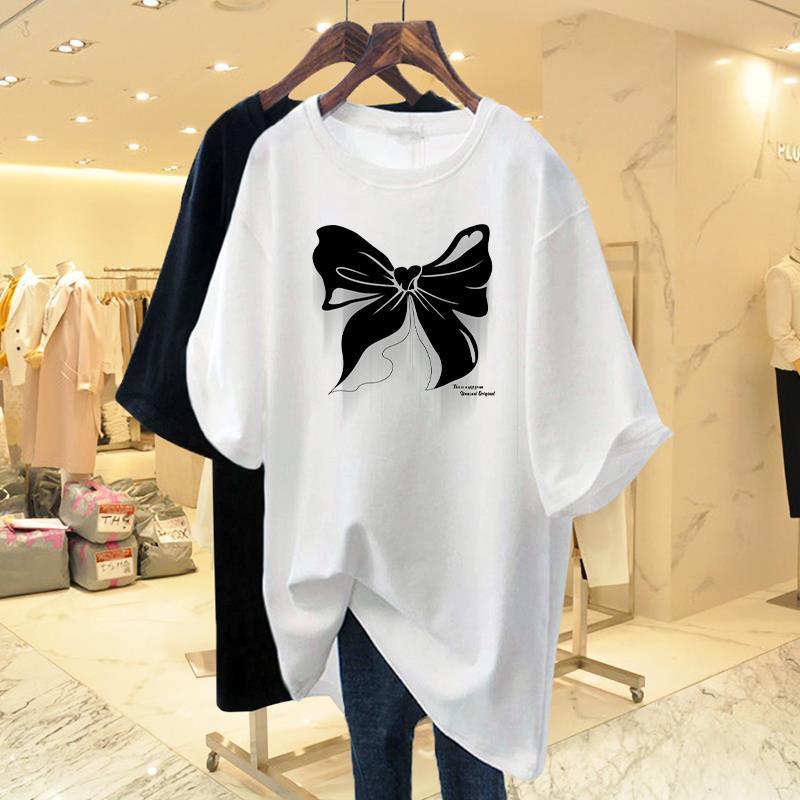 White Cotton Loose Round Neck Bow Short Sleeve T-shirt Women's Mid Length 2023 Summer New European Oversized Fashion Tops