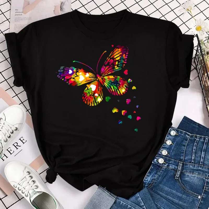 New Fashion Women T-shirt Colorful Butterfly Petal Print Short Sleeve and Round Neck Cute Graphic Tee Shirts Female Tops Clothin